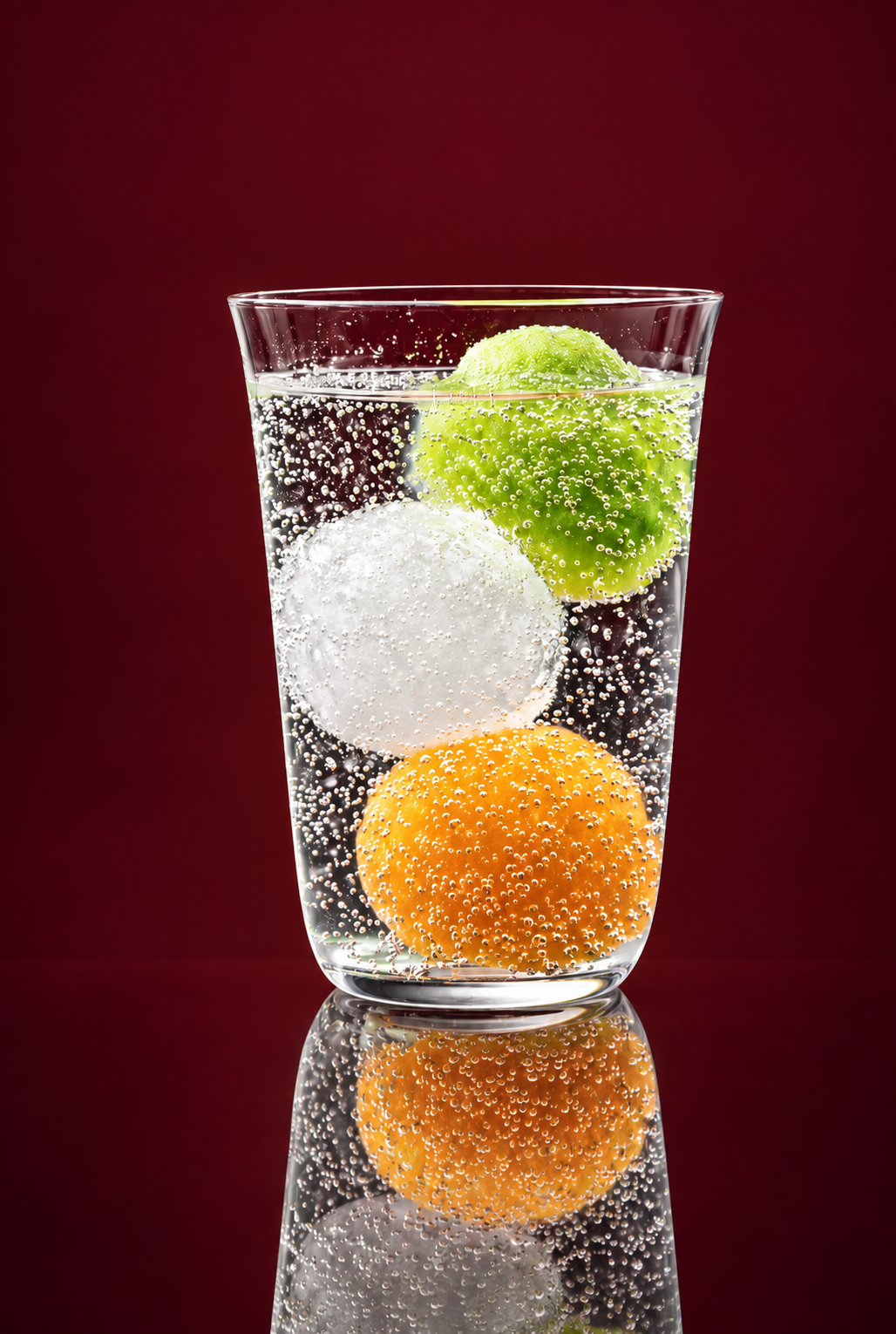 Sparkling cocktail with green, white and orange spheres against a burgundy backdrop